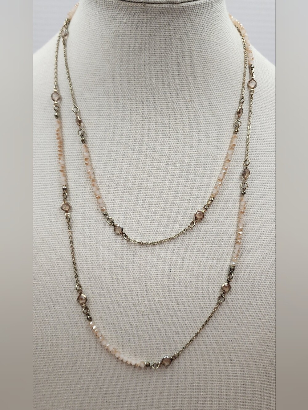 Charming Charlie Necklace 46" Long Gold Tone Chain Beige Faceted Beads